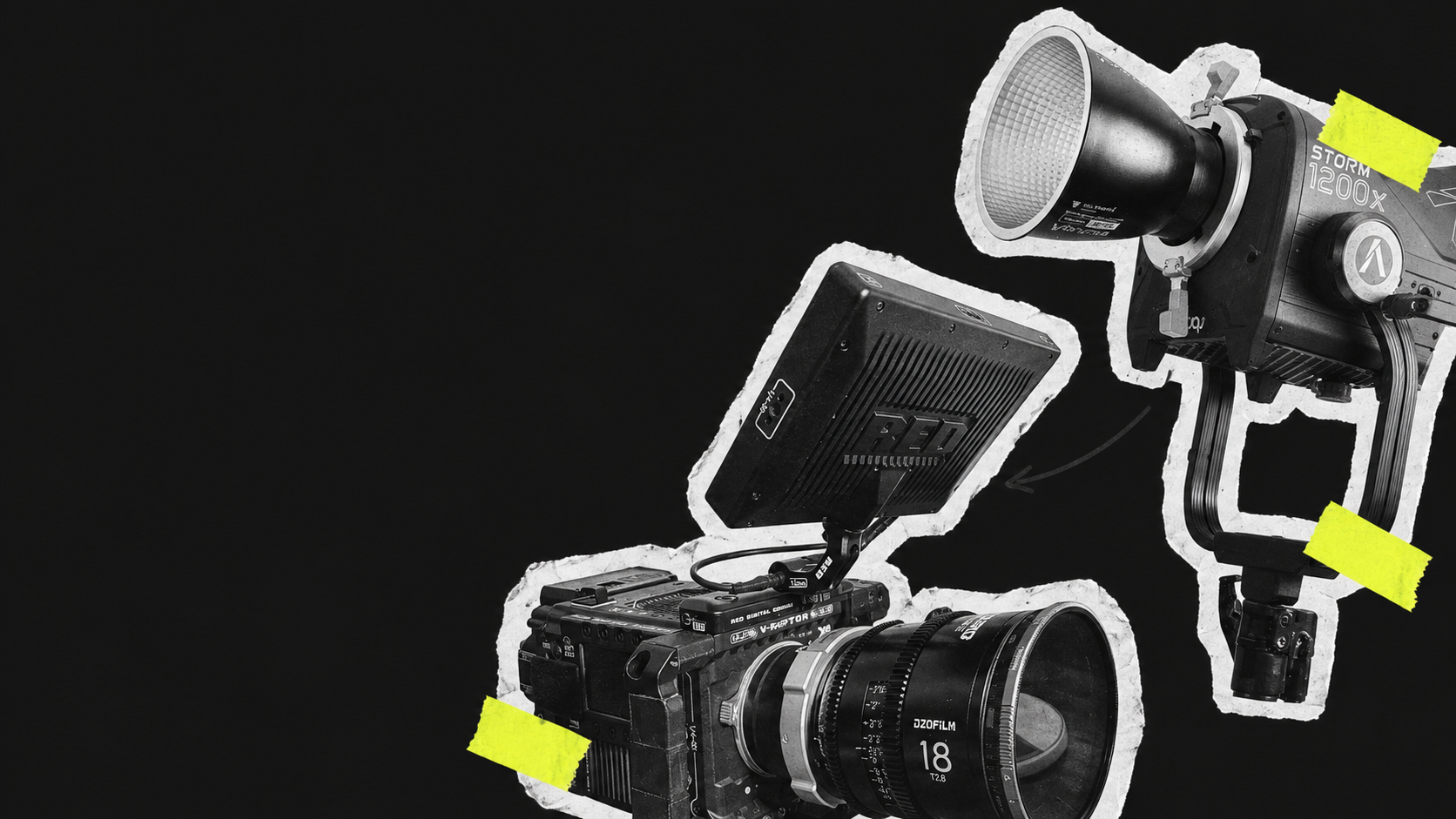 Filmkrafts RED-kamera og Storm-filmlys med revne papirkanter